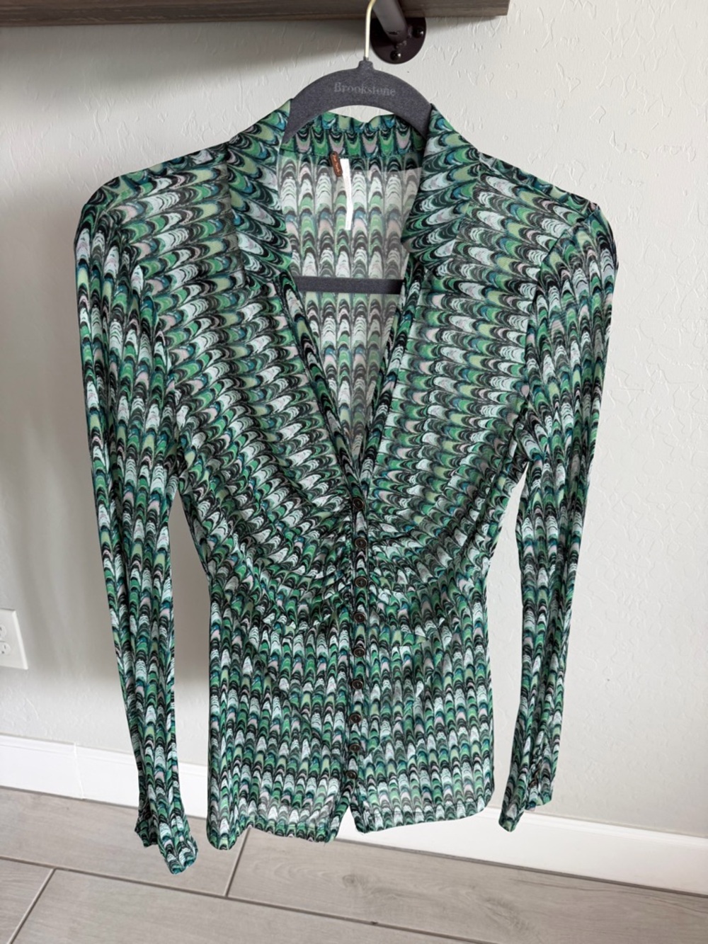 Free People sheer Green and White Patterned Button-Front Blouse